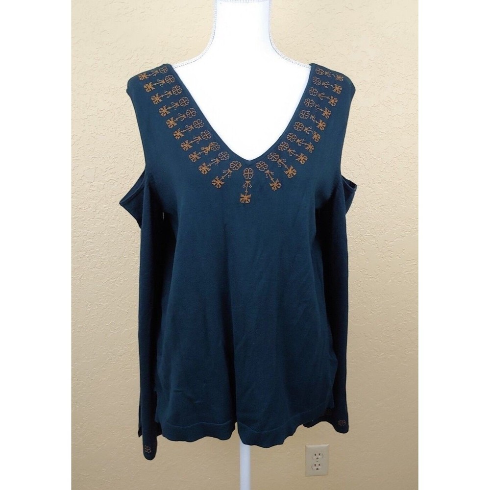 Love Scarlett Cold Shoulder Sweater Large Green Embroidered Boho V Neck Womens